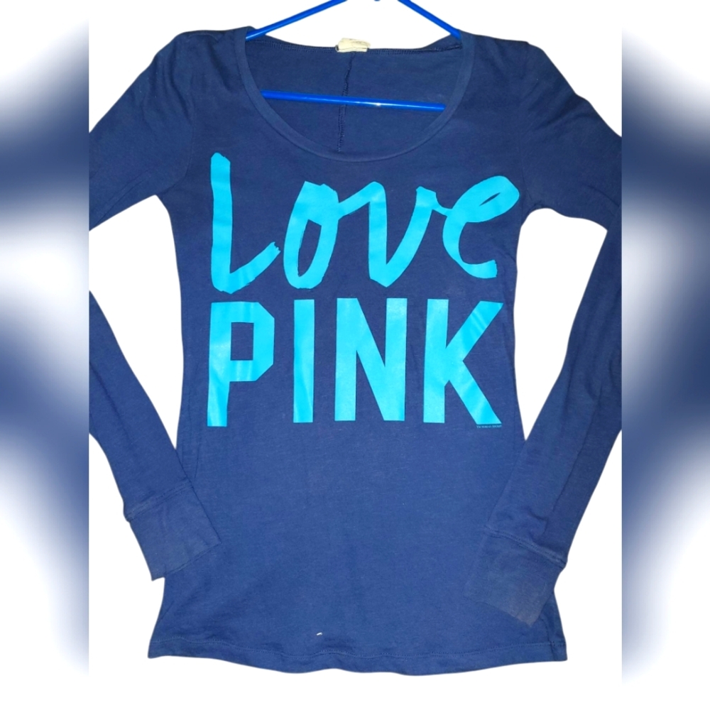 PINK Victoria's Secret Blue Long Sleeve Slim Fit Graphic Logo T-Shirt - Small